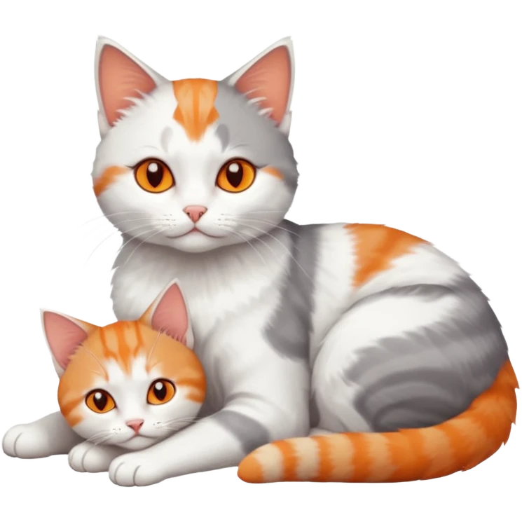 full body of a grey and white cat cuddling a very small + skinny ginger and white kitten with deep orange eyes and triangular shaped face lying down emoji