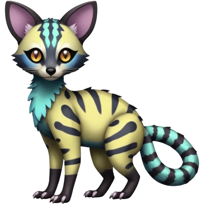Rare realistic warm-colored lush exotic cute edgy epic futuristic aesthetic gloomy spooky dark modern colorful cyber-Genet-Trico-species-Fakemon-hybrid-creature, with beautiful intricate markings, full body emoji