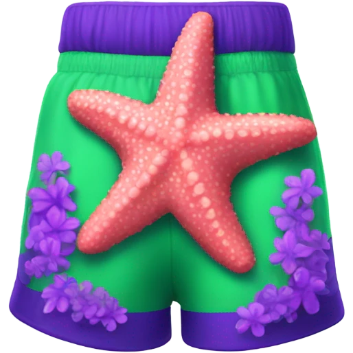 coral pink starfish wearing neon green shorts with purple flowers on them  emoji