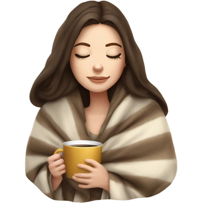 White girl brunette inside a blanket sipping coffee eyes closed emoji