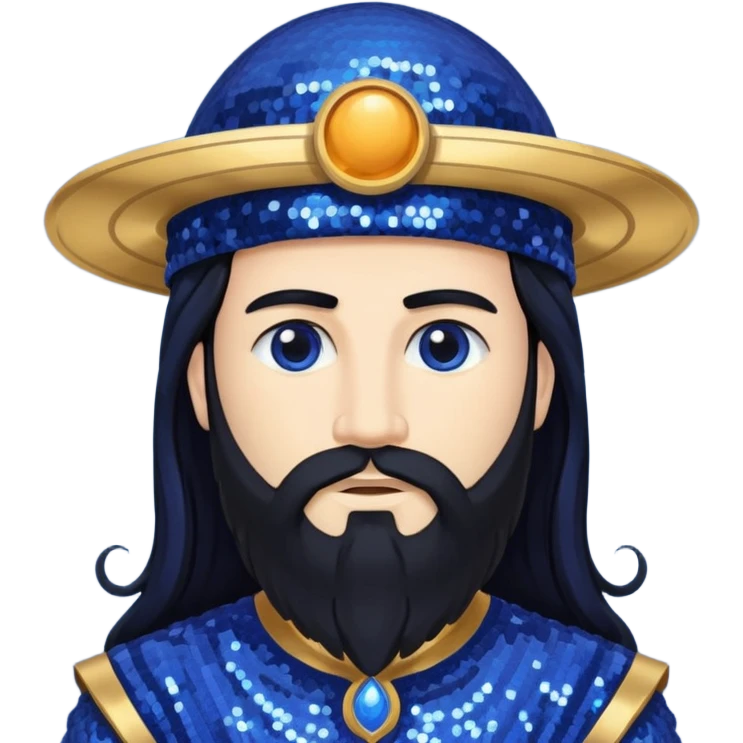Saturn, God of Time from Gods and Goddesses with long black hair and beard, indigo sequin outfit emoji