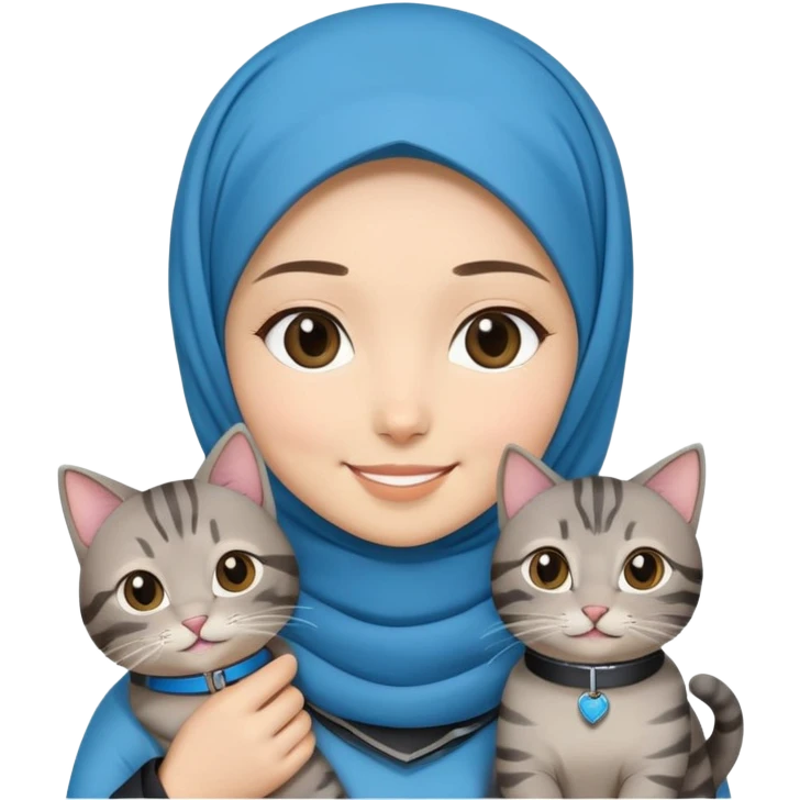 Asian White girl wearing hijab holding a black grey tabby cat while smiling.  The cat is wearing a blue collar emoji