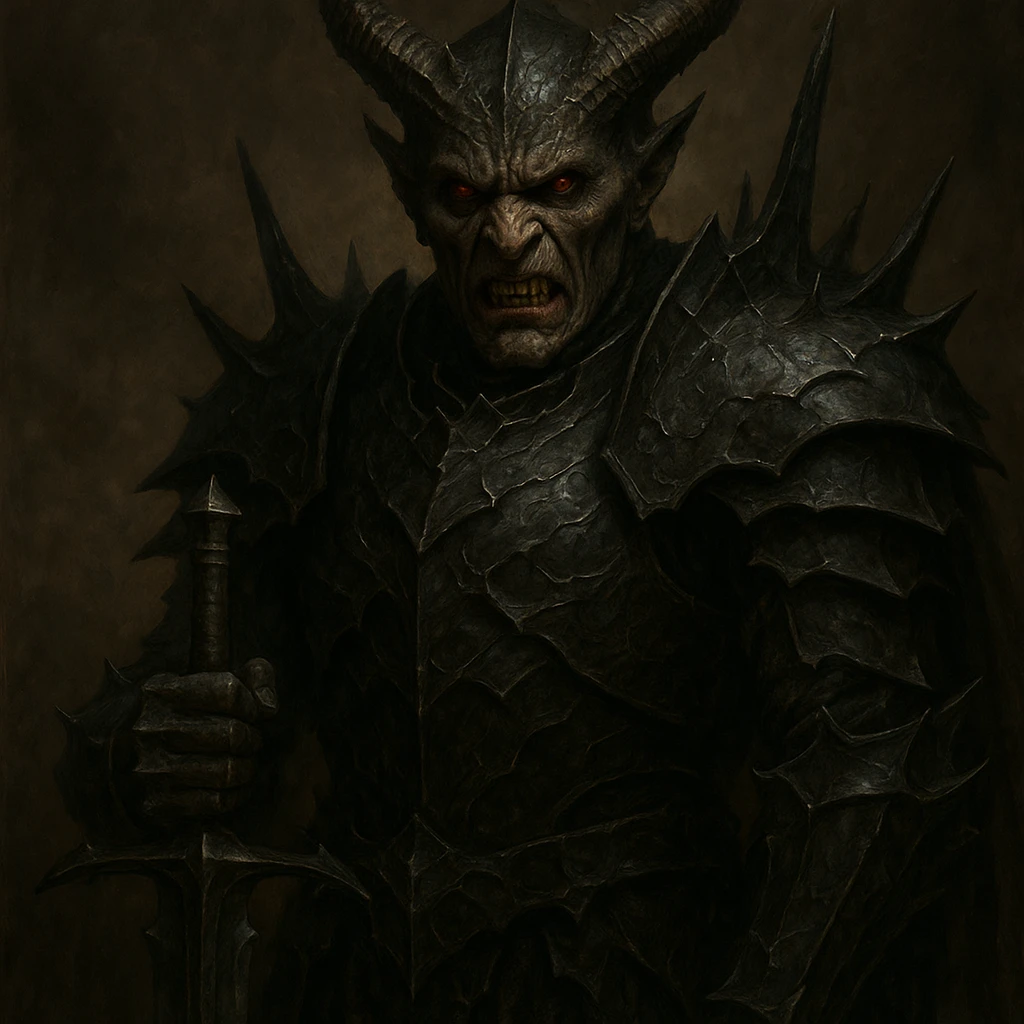 Make the champion look even scarier, with menacing facial features, dark fantasy armor, and an intimidating presence, but keep the face clearly visible, in a realistic fantasy style. emoji