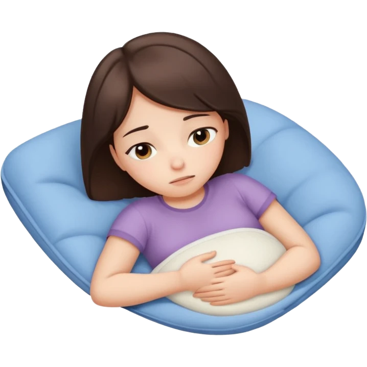  a brunette girl lying down on her side, holding a warm heating pad against her lower belly. She's uncomfortable and sad, her posture should show she’s having bellyache. Use simple lines, rounded shapes, soft colors, and a clean emoji aesthetic. Make it expressive but still adorable emoji