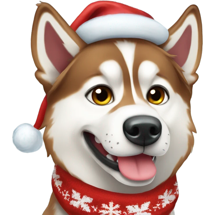 Blue-eyed red Siberian Husky wearing a Santa hat and scarf emoji