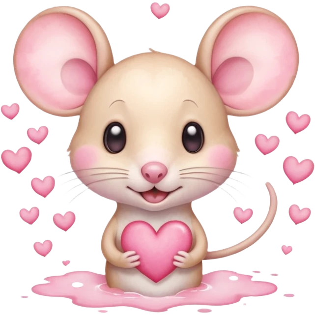 This is a cute watercolor illustration of a small, cream cartoon mouse with large, round, pink-lined ears. The mouse has heart eyes, a small open mouth, and is surrounded by floating pink hearts, conveying a feeling of love, adoration, or strong affection. emoji