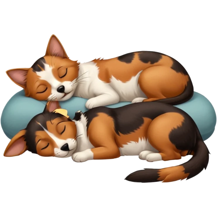 Calico cat with black nose sleeping near a black and brown nose dachshund dog     emoji