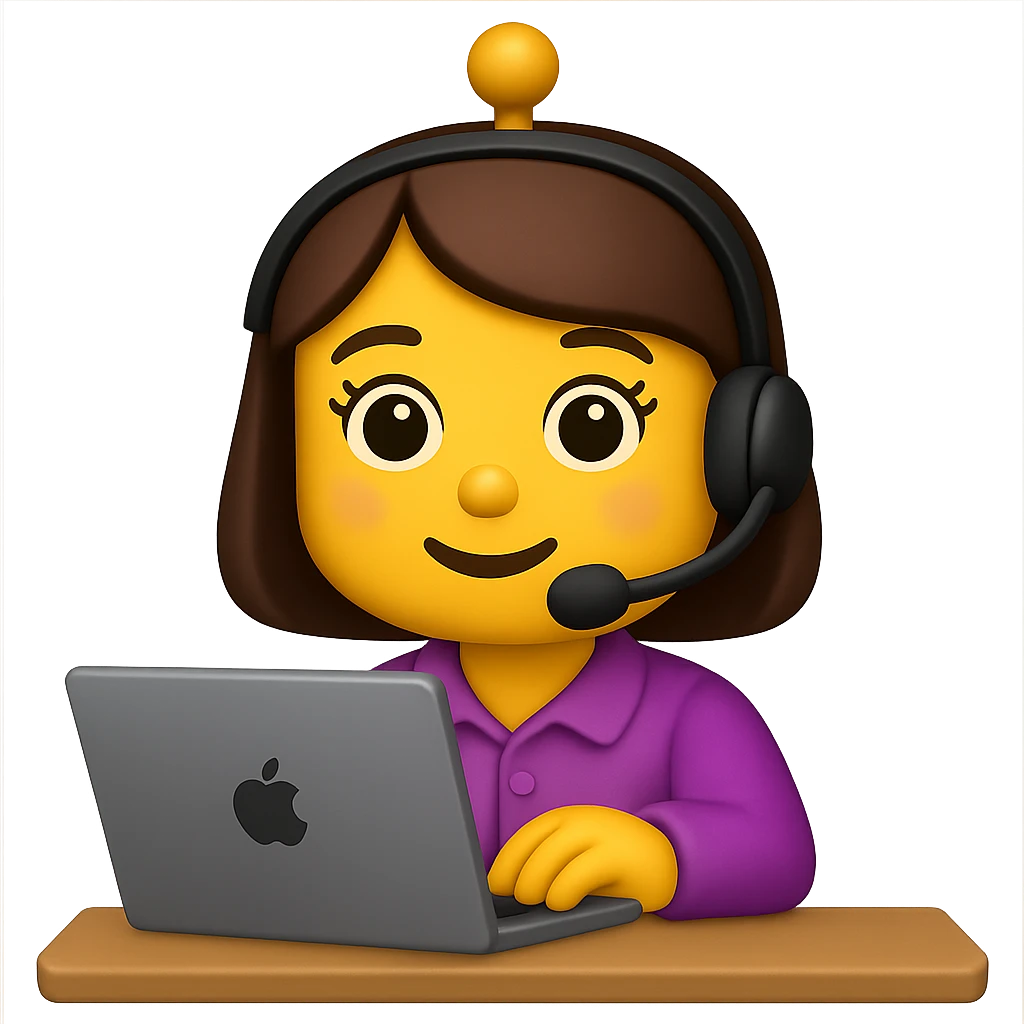 Create an image of a recruiter robot emoji that is even cuter and more feminine, in an apple style, flat, at a desk, wearing a headset, typing on a laptop. The background should be transparent. emoji