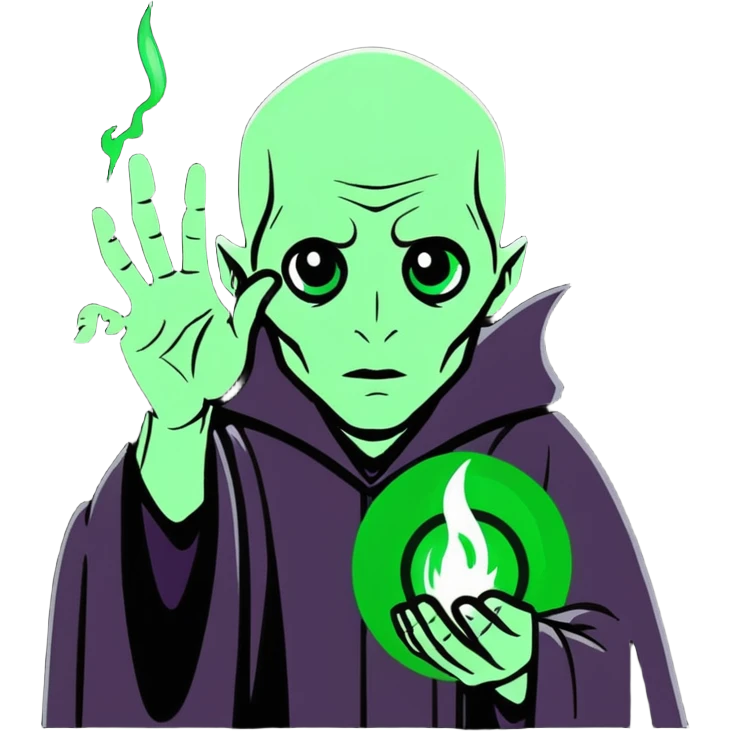 cartoon style Voldemort, casting a spell, green magical aura, intense eyes emoji