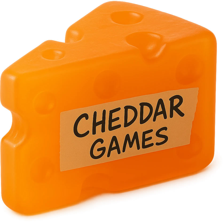 Make the cheddar block much more translucent, with a bright orange gummy bear hue. Keep the classic block shape and Swiss-style holes, soft flat plastic texture, soft reflections, slightly squishy and cloudy appearance, not shiny, glowing a little. Add 'Cheddar Games' written in sharp messy handwriting on tape on the side. No background. Hyper-realistic, retro, and visually stunning style. emoji
