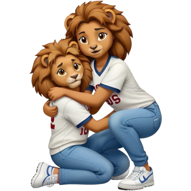 confident anthropomorphised female lion wearing a baseball shirt, jeans, and trainers, crouched on her hunches, comforting another character emoji