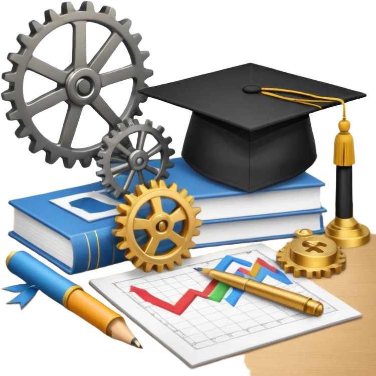 gears, charts, and graduation cap representing production and operations management class emoji