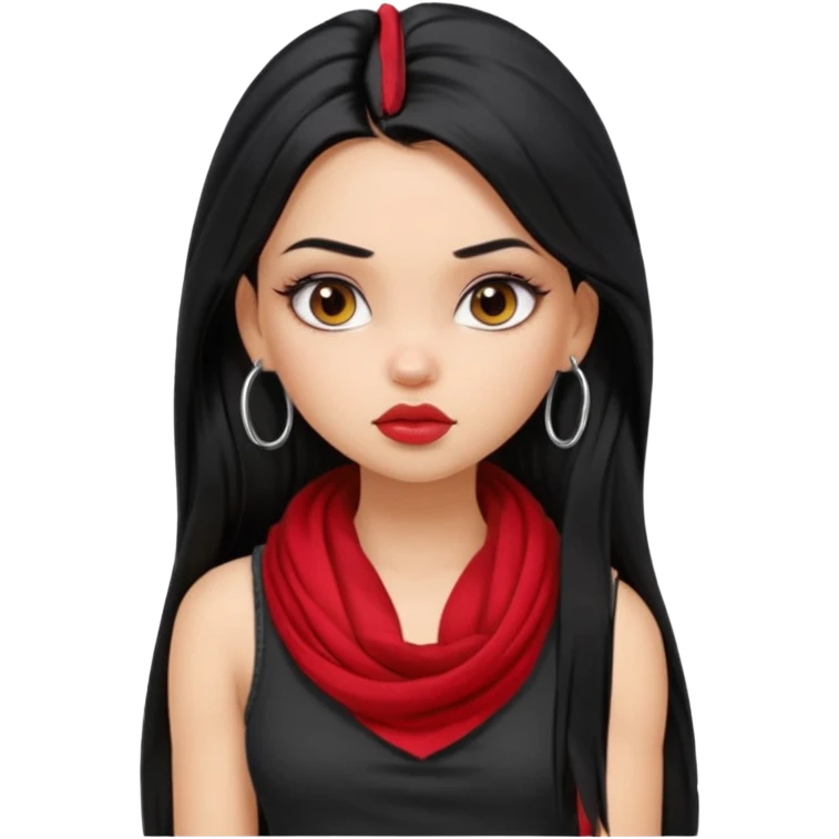 a pretty bratz girl with long black hair, kajal under eyes, small silver hoop. black tank top on. Red scarf around neck emoji