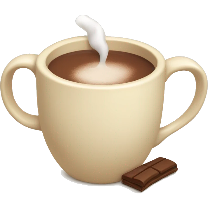 A cream colored mug, with hot coco emoji