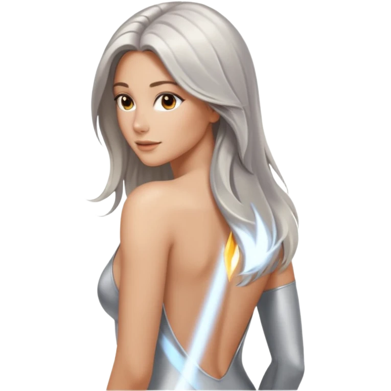 woman with light long hair in silver body looking at the camera from back with sexy pose emoji