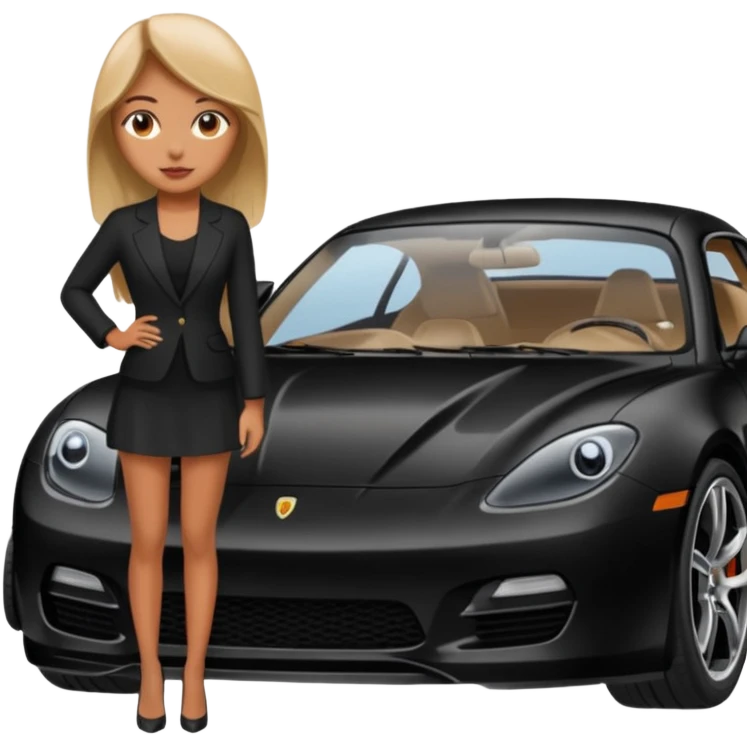 A fast, expensive black car with a young woman beside it emoji