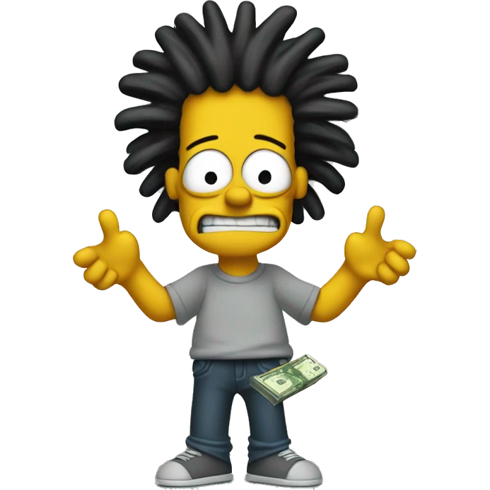 Bart Simpson with dreads holding up lots of money with both hands emoji