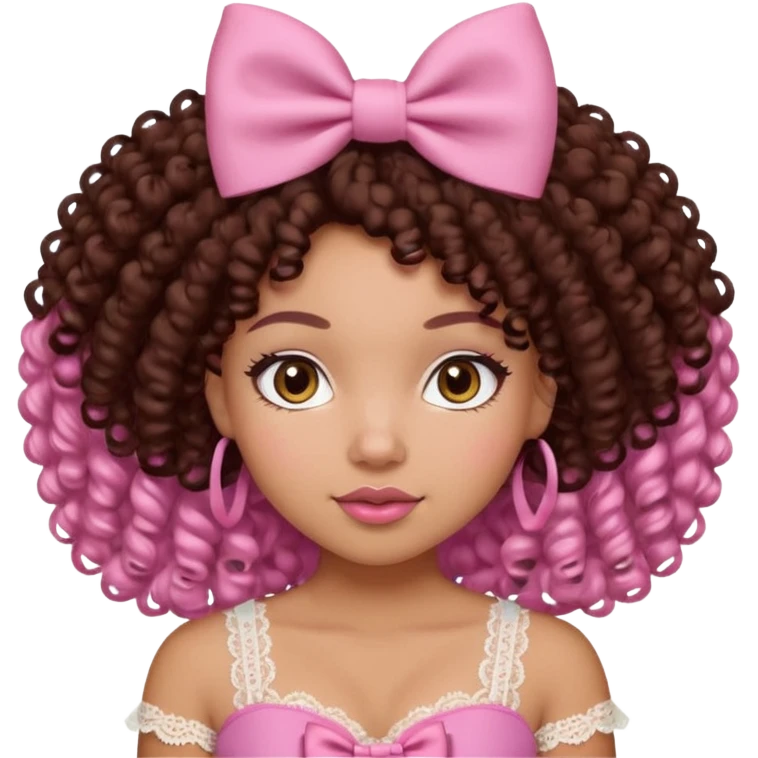 medium-light kinned afro-latina girl with medium length chocolate brown side part curly hair, brown eyes, pink sweetheart necklined top with lace, round wide-ish nose, chubby long shaped face, pink hair bow emoji