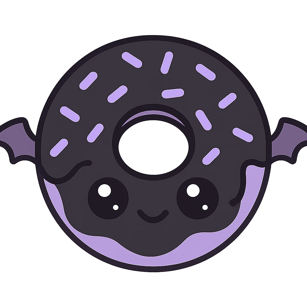 kawaii style gothic donut, cute face, black icing, purple sprinkles, tiny bat wings, playful yet spooky emoji