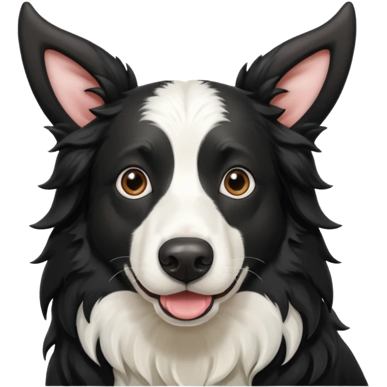 A black and white border collie has cow's horns. emoji