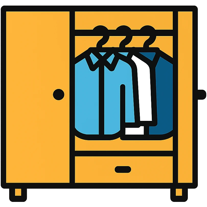 Clean minimalist closet design, partially open showing organized professional clothing inside emoji
