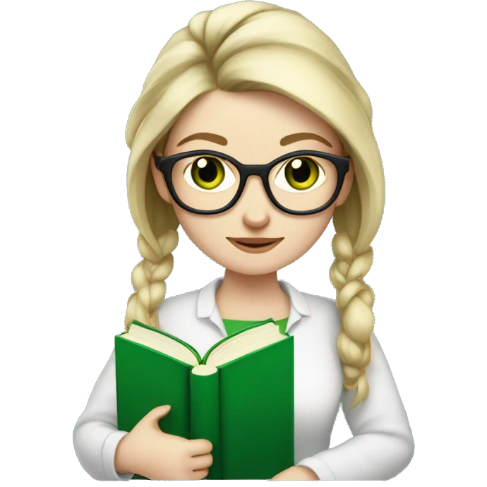 pale skin woman ponytail no bangs glasses green eyes holding books library emoji