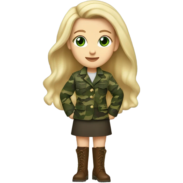 White girl with Long blonde hair and green eyes, camouflage Wool oversize blazer, mini skirt and Brown leather boots  emoji