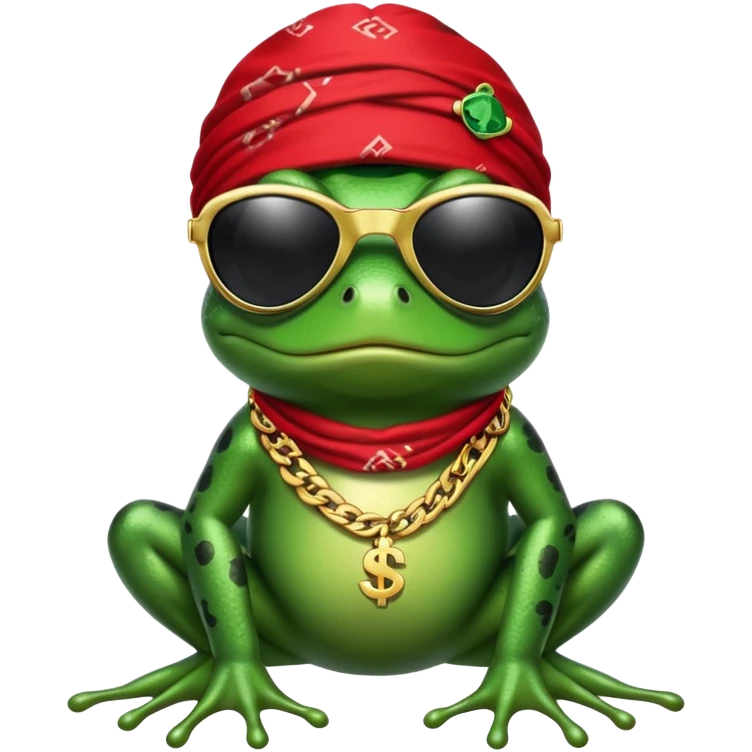 thug life frog wearing black sunglasses, gold chain, bandana, dollar sign bling emoji
