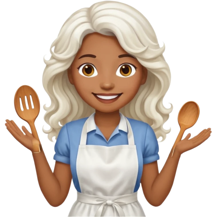 woman, brown skin, white long wavy hair, with apron emoji
