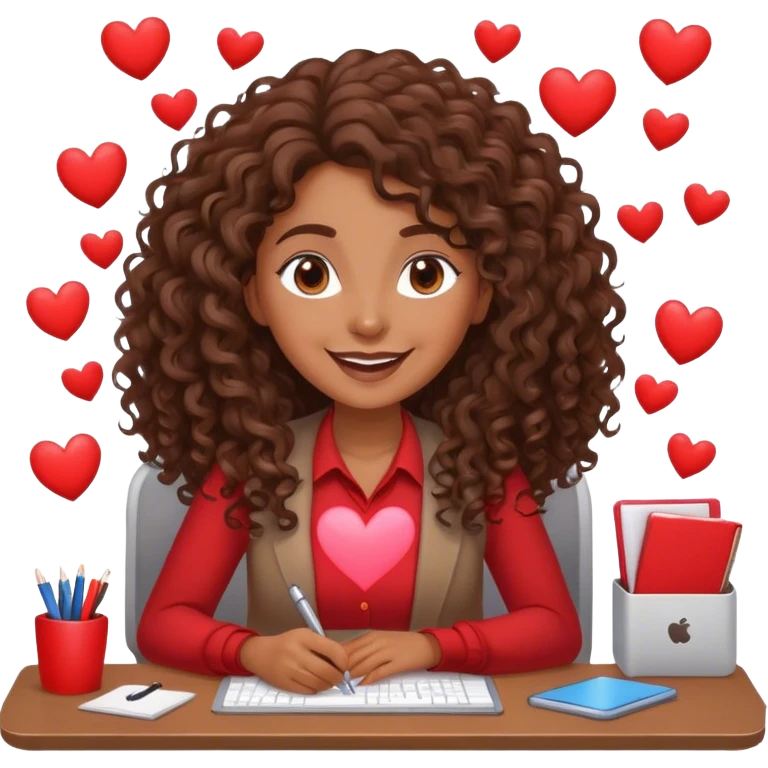 Hearts around a Beautiful woman working at a desk. Her hair is brown long and curly. She is in love emoji