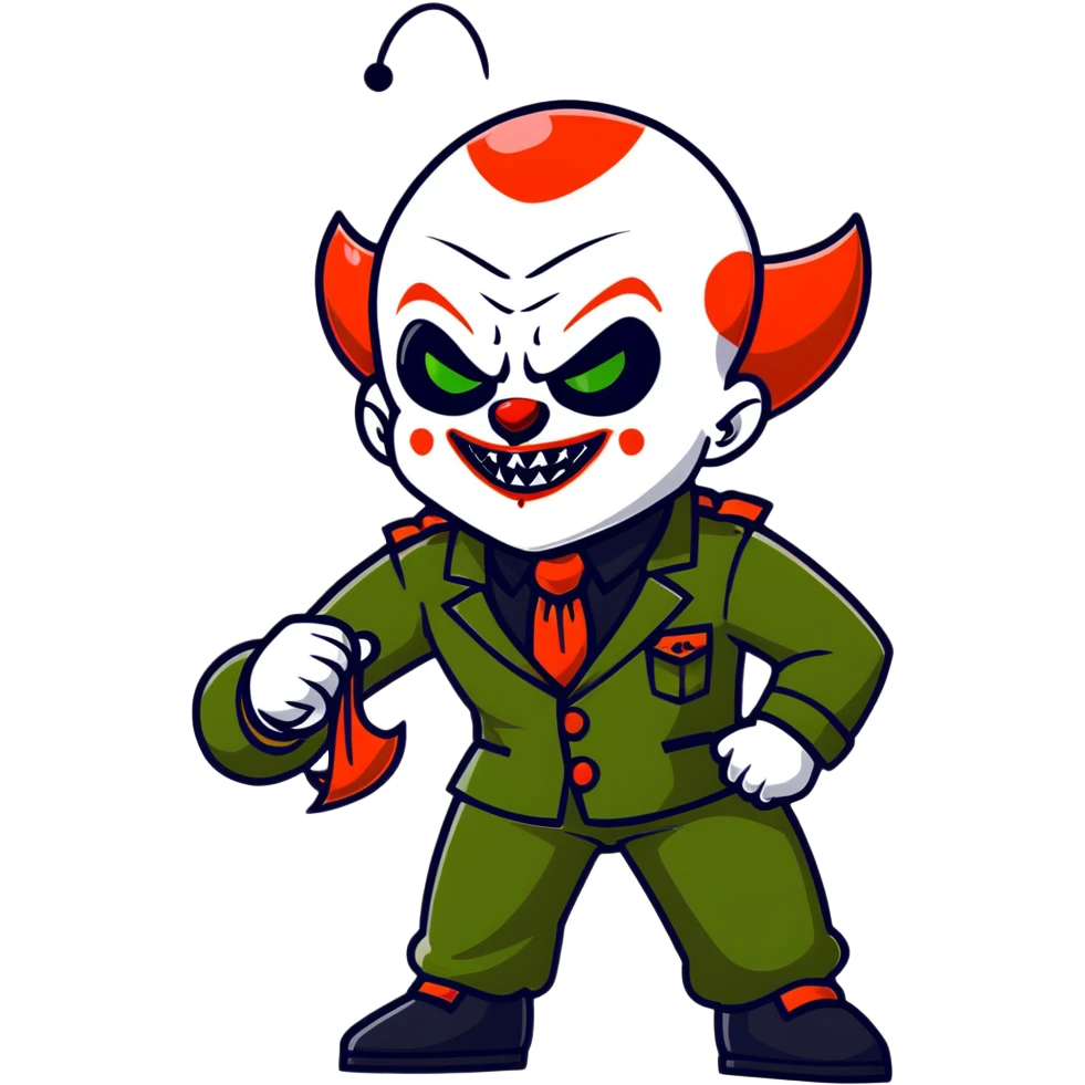 evil clown warrior, bald, short black devil-like horns on forehead, fangs, pointed ears, black and military green leisure suit with bellbottom pants, realistically proportioned, less bulky, full body visible, battle-ready fighting posture emoji