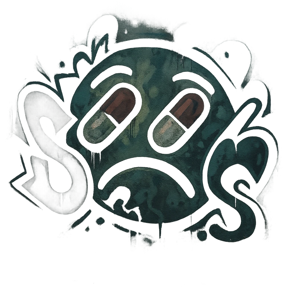 graffiti emoji, medicine theme, humid and foggy atmosphere, dark and moody colors, abstract shapes, street art style emoji