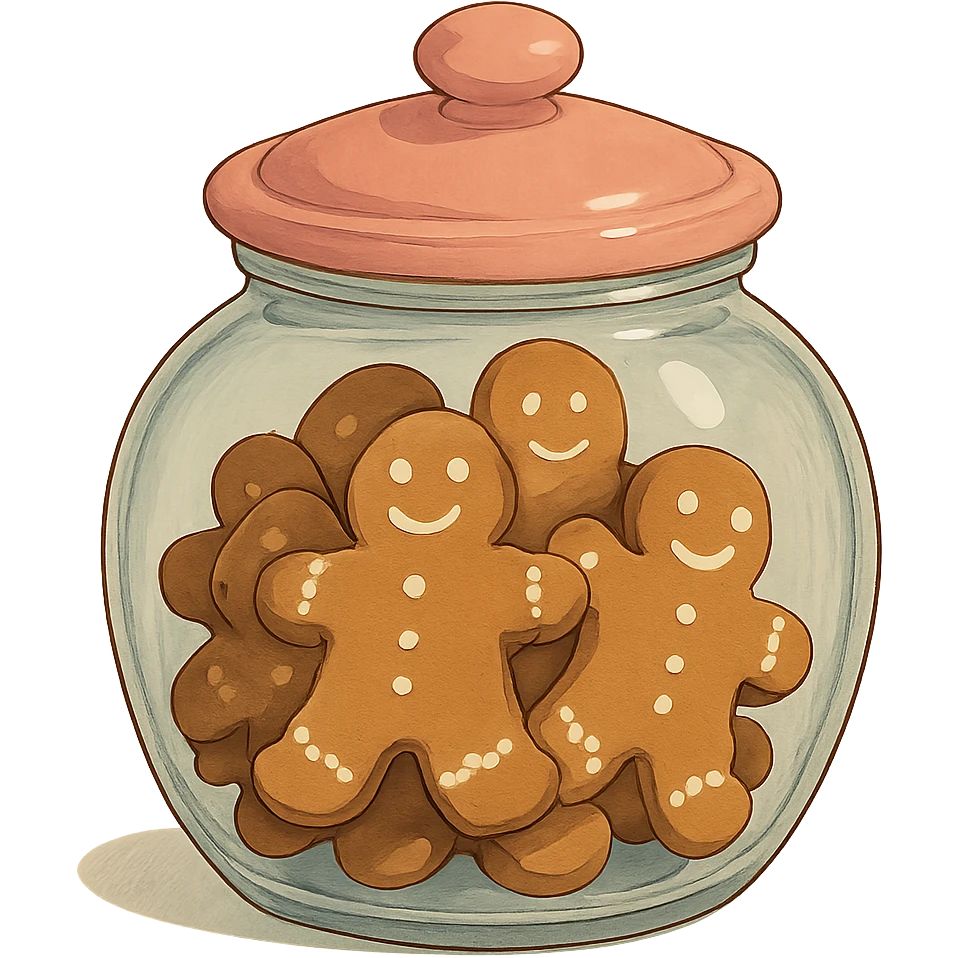 glass cookie jar with pink lid, gingerbread cookies inside, isolated, ghibli style emoji