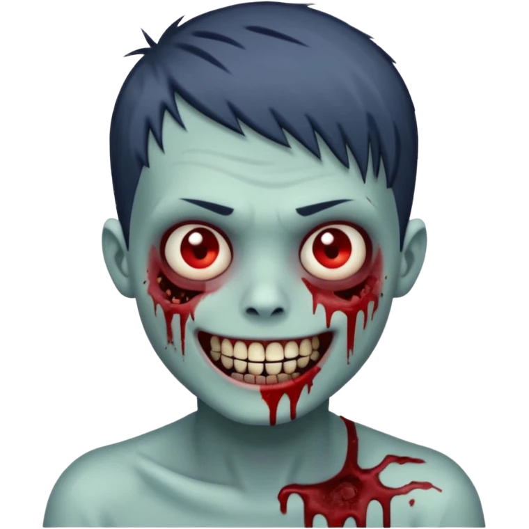 zombie boy with emo short hair, white skin, and white eyes; an open smile, and bloodied teeth; emoji