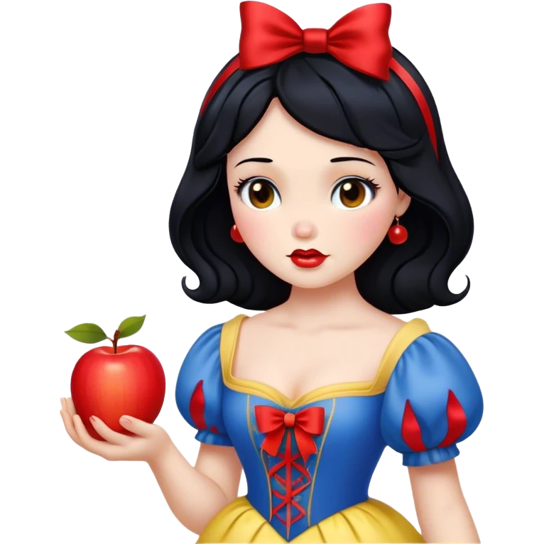 Cinematic Realistic Snow White Portrait, depicted with lifelike skin texture, soft natural lighting, and intricately detailed black hair styled with a red ribbon. Her soft brown eyes radiate innocence and kindness, complemented by a warm, gentle smile. She holds an apple in one hand, her other hand resting against her cheek, embodying her purity and charm. She is dressed in her classic yellow, blue, and red gown, the fabric rich in texture with delicate folds that catch the light beautifully. The portrait features a soft, natural glow with a radiant finish, capturing the essence of timeless beauty in a realistic and painterly style. emoji