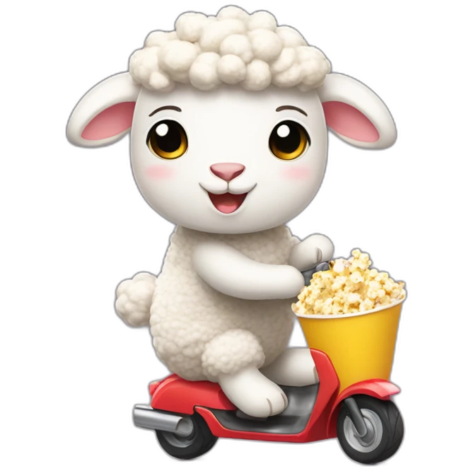 Super cute Sheep holding popcorn and driving kick scooter emoji