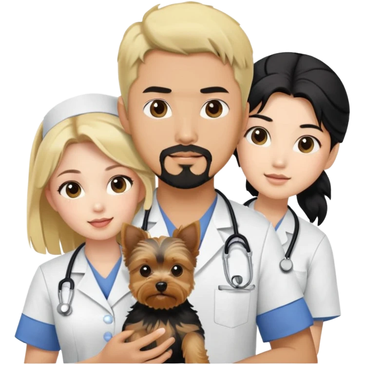 Blonde nurse with Dark haired Korean Asian handsome muscular man with black pointy hair full goatee.   Holding one blonde yorkie.  emoji
