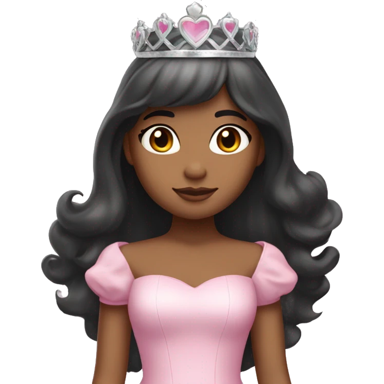 Princess with halo with medium skin tone with long black hair with bang with silver pink heart tiara and pink dress emoji