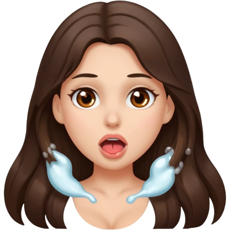  brunette with long hair, brown eyes and big boobs blushing with white goo coming out of her mouth emoji