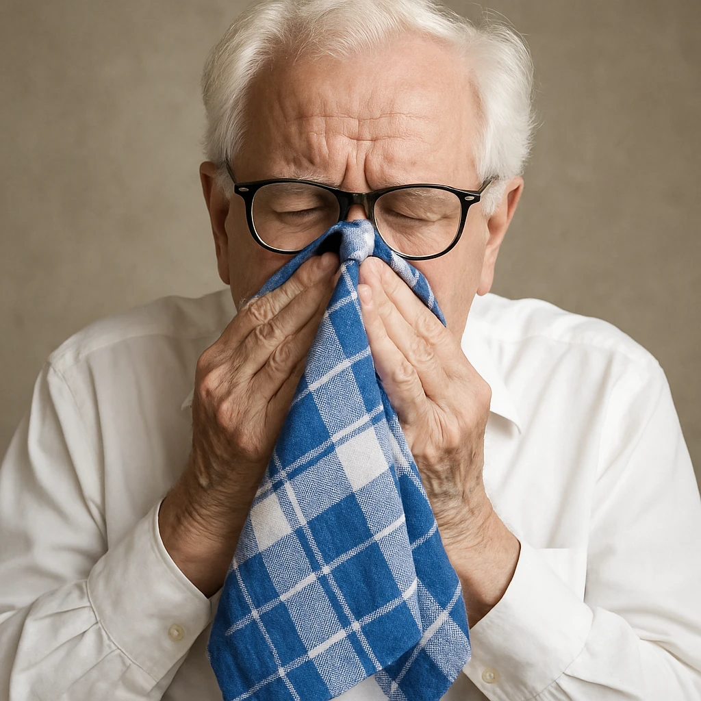 old man with white hair, white skin, black-framed glasses, wearing a white shirt, blowing his nose on a large thick blue and white checkered handkerchief emoji
