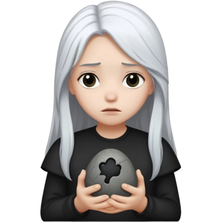 A girl with long white hair is sad and holds a black in her hands emoji