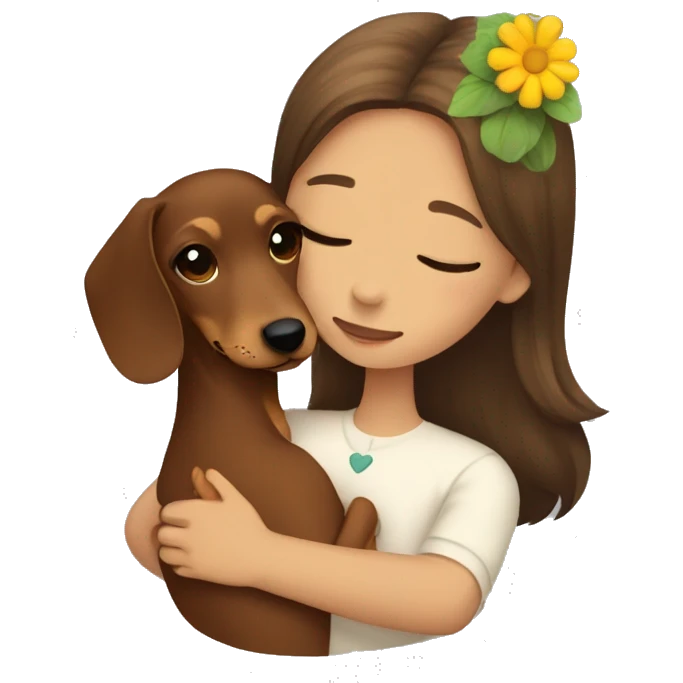 Dachshund hugging a girl with brown hair and a flower in her hair emoji