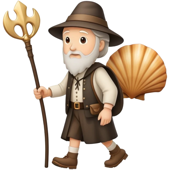 pilgrim walking with walking stick and scallop shell emoji