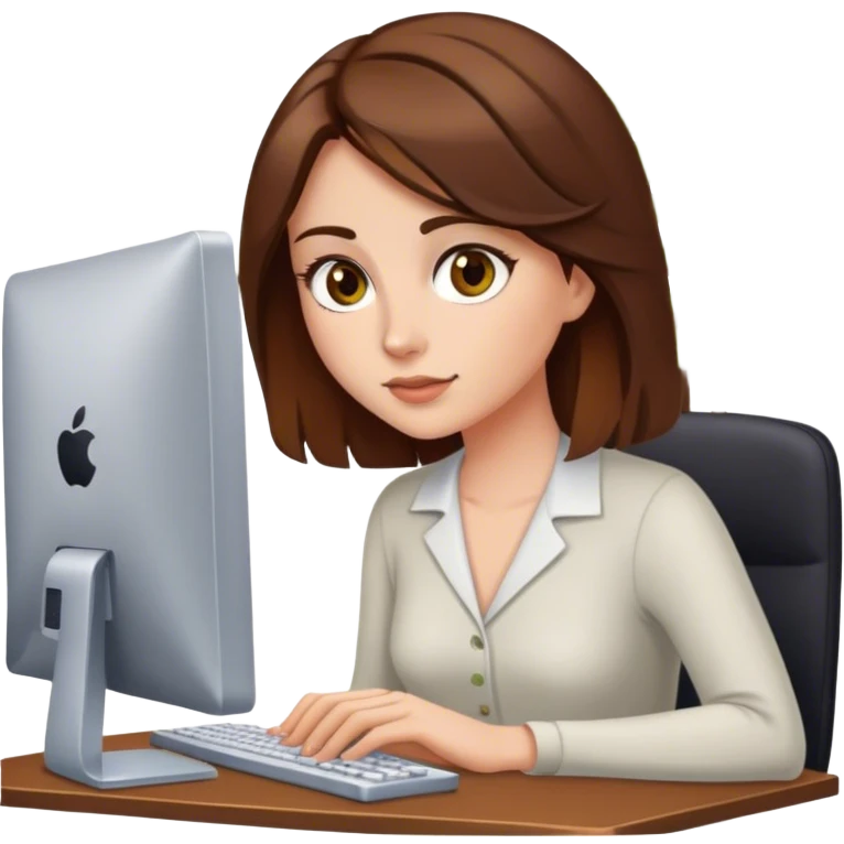 woman at computer with medium brown hair and hazel eyes emoji