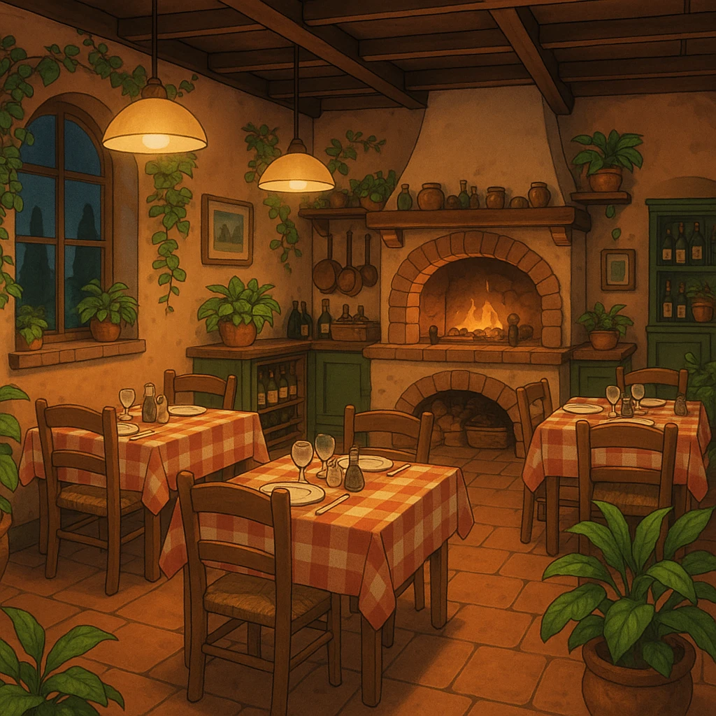ghibli style Italian restaurant with warm lighting and plants emoji