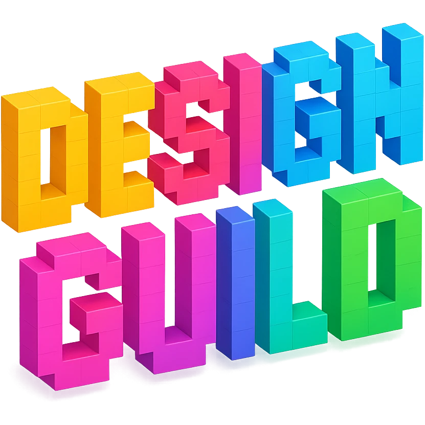 voxel art text: DESIGN GUILD, playful and creative emoji