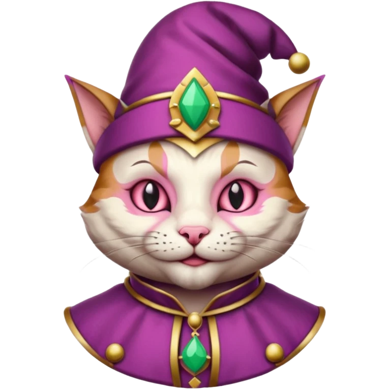 court jester cat medieval, single poker card joker clearly visible, pink, face only, round badge,  court jester cap emoji