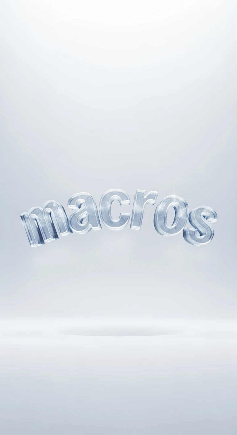 le parole "macros" fluttuano in aria, sfondo bianco emoji