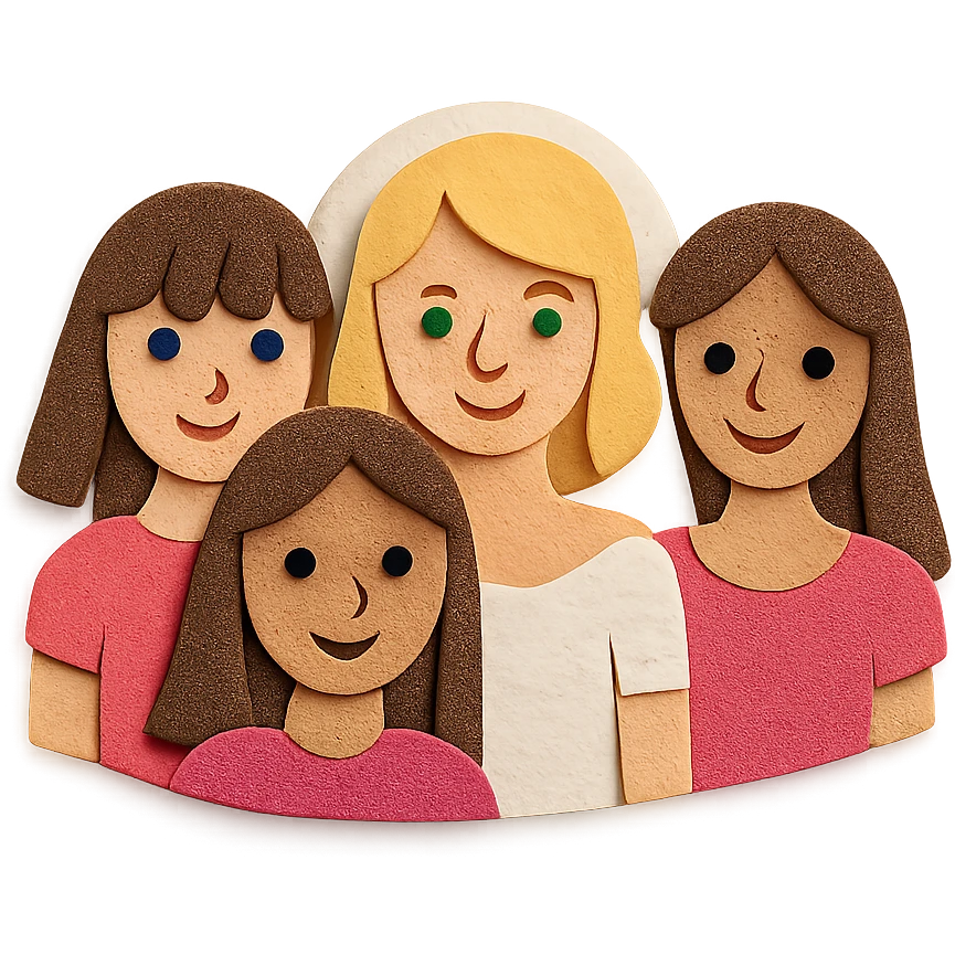 bachelorette party group of 4 girls, one with brown hair, blue eyes, fringe; two with brown hair; one bride with green eyes, blonde shoulder-length hair emoji