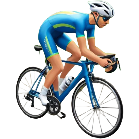 An icon featuring a sleek road bicycle with aerodynamic wheels on a winding mountain road. The background showcases a stunning landscape with rolling green hills, a bright blue sky, and distant peaks. Sunlight casts dynamic shadows, emphasizing motion and speed. Transparent background. emoji